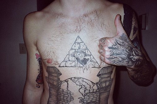 Amazing Grey Ink Illuminati Eye Tattoo On Man Chest